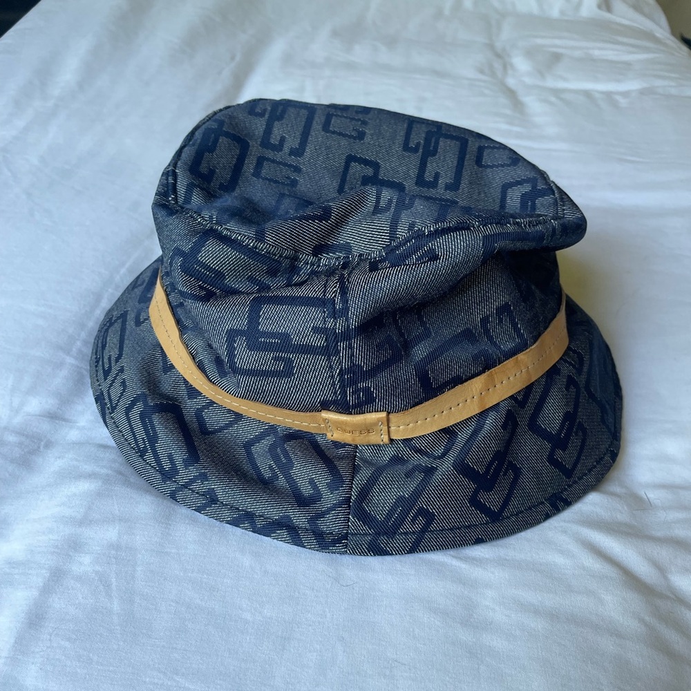 Guess Denim Patterned Bucket Hat with Tan Band